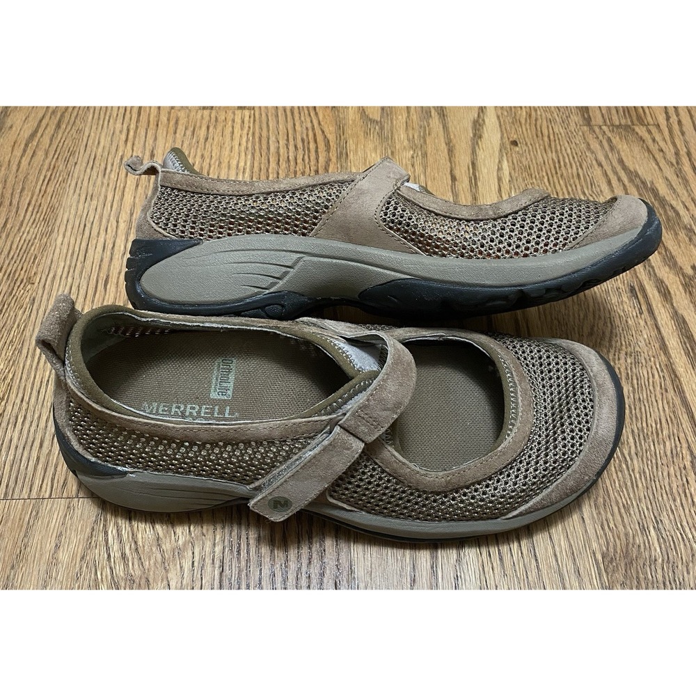 Merrell Mary Jane Walking Shoes Mesh Tan Suede Encore Strap Ortholite Womens 7.5